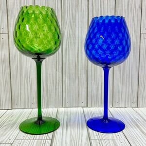Vintage Italian Empoli Long Stem Brandy Sniffer Goblets Blue Green Glass (2)